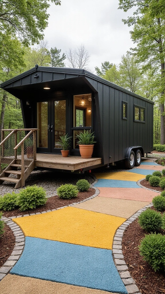 46 Black Mobile Home Exterior Design Ideas That Stand Out - 36. Playful Pathways