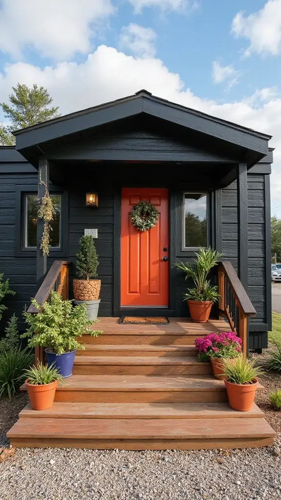 46 Black Mobile Home Exterior Design Ideas That Stand Out - 39. Bright Entranceways