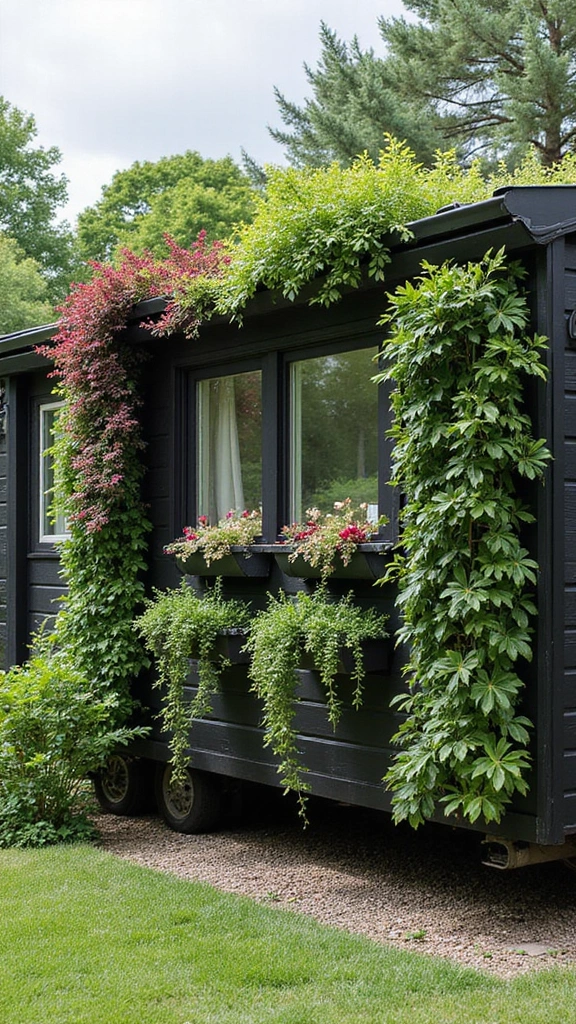 46 Black Mobile Home Exterior Design Ideas That Stand Out - 41. Vertical Gardens