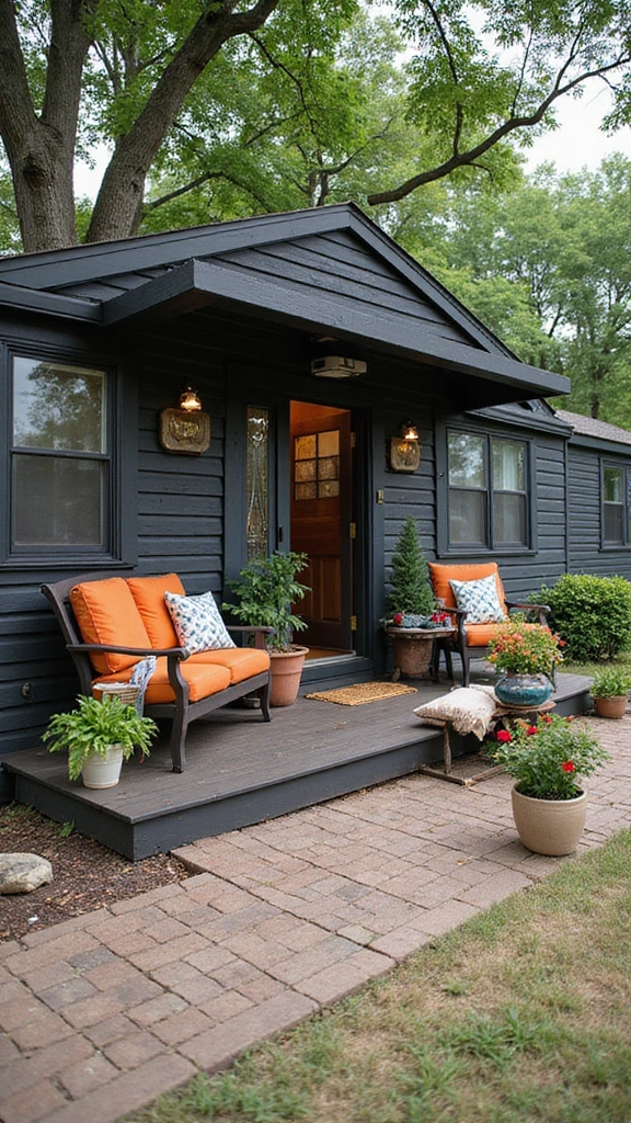46 Black Mobile Home Exterior Design Ideas That Stand Out - 42. Front Porch Decor