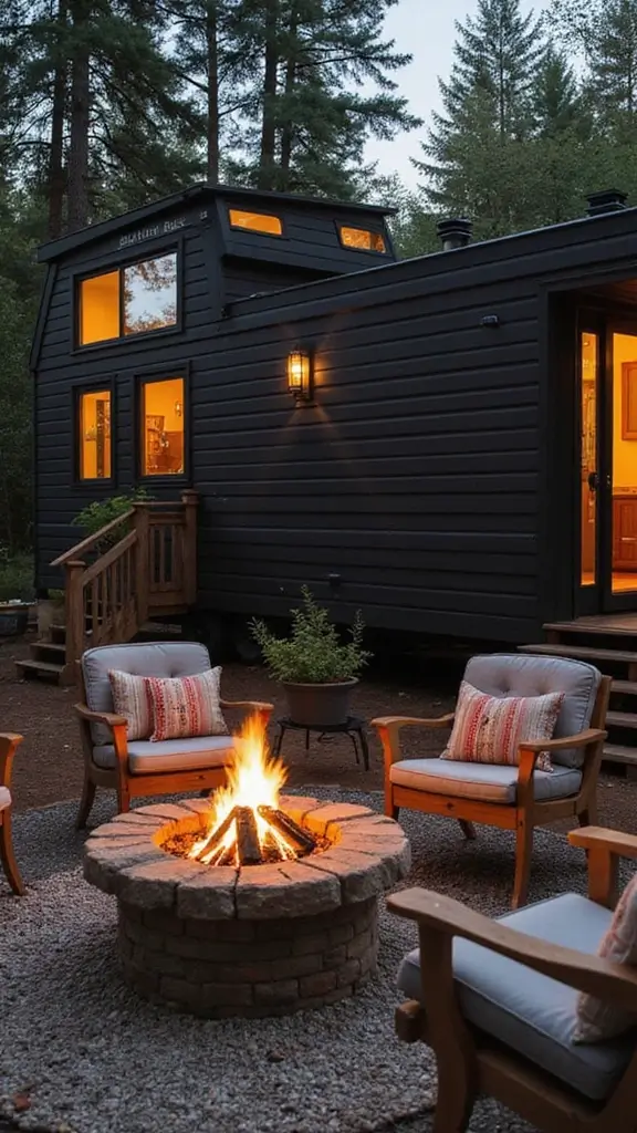 46 Black Mobile Home Exterior Design Ideas That Stand Out - 46. Inviting Outdoor Fireplaces
