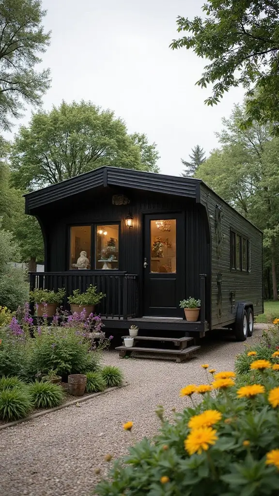 46 Black Mobile Home Exterior Design Ideas That Stand Out - 7. Art Deco Elements