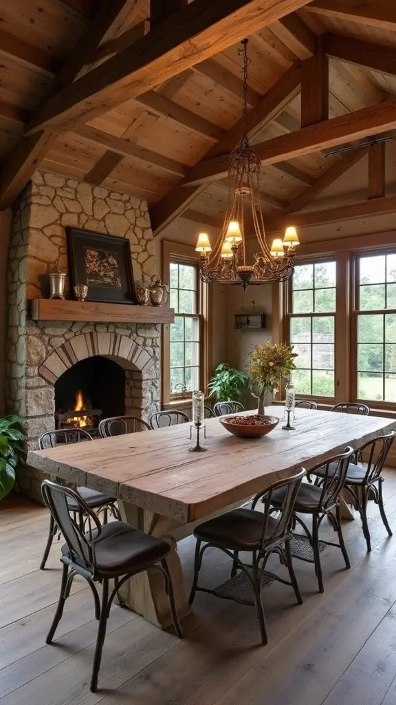 46 Dining Room with Fireplace Ideas That Add Warmth - 1. Rustic Log Cabin Vibe