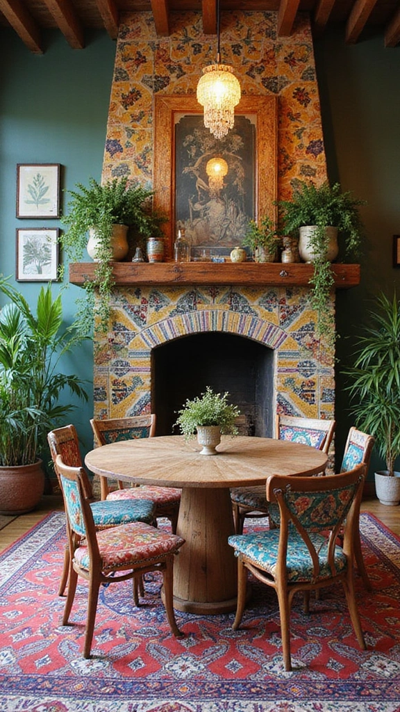 46 Dining Room with Fireplace Ideas That Add Warmth - 11. Bohemian Inspired
