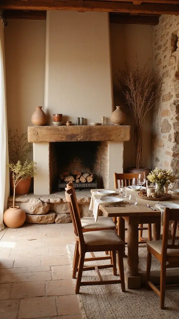 46 Dining Room with Fireplace Ideas That Add Warmth - 12. Warm Earth Tones