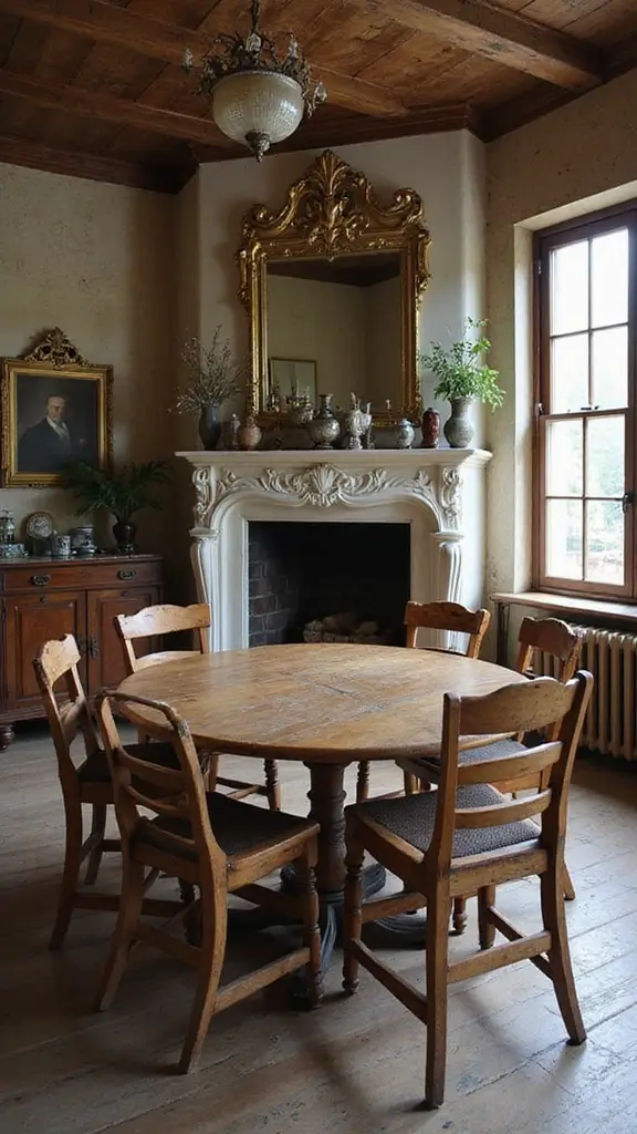 46 Dining Room with Fireplace Ideas That Add Warmth - 14. Vintage Charm