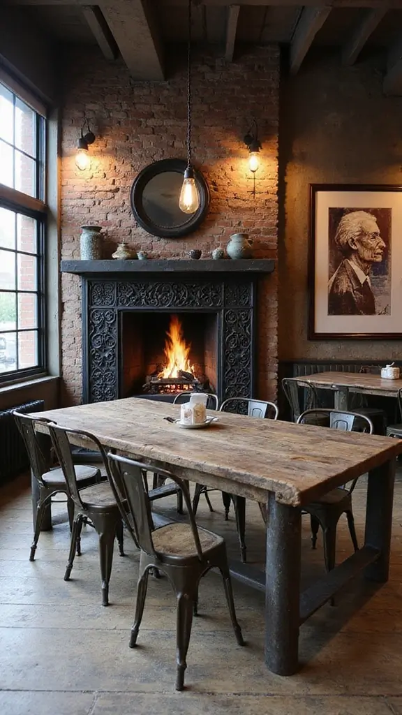 46 Dining Room with Fireplace Ideas That Add Warmth - 16. Industrial Elements