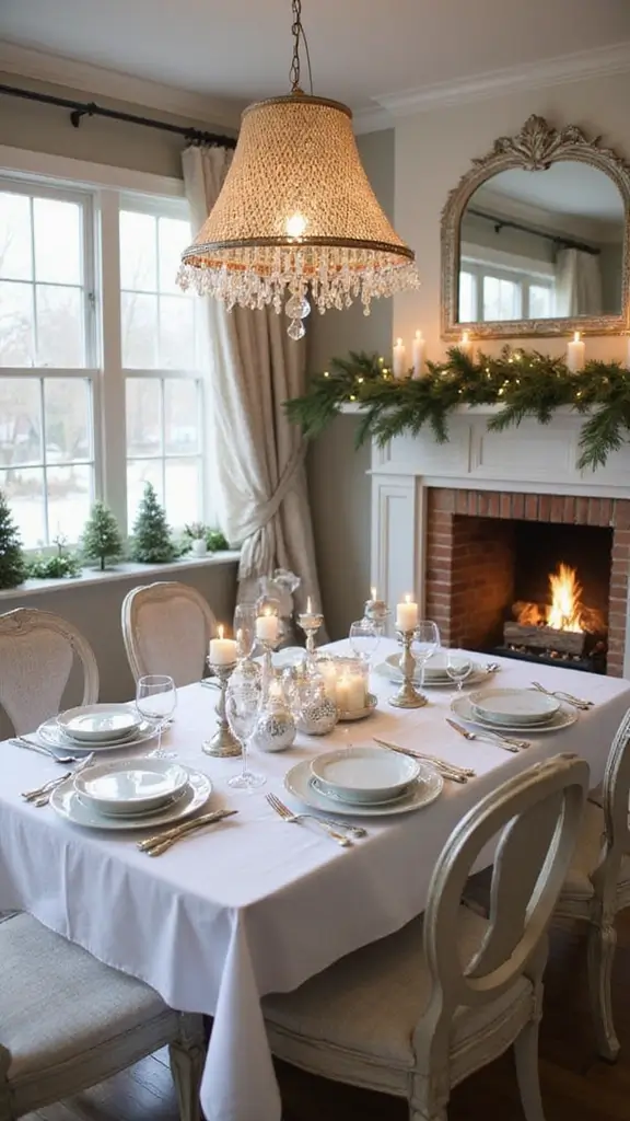 46 Dining Room with Fireplace Ideas That Add Warmth - 17. Winter Wonderland