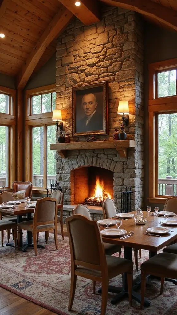 46 Dining Room with Fireplace Ideas That Add Warmth - 18. Lodge-Inspired