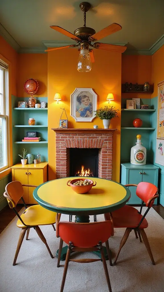 46 Dining Room with Fireplace Ideas That Add Warmth - 19. Retro Style