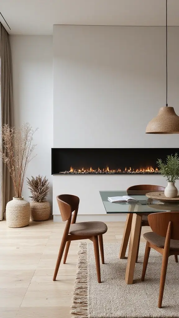46 Dining Room with Fireplace Ideas That Add Warmth - 2. Modern Minimalist Charm