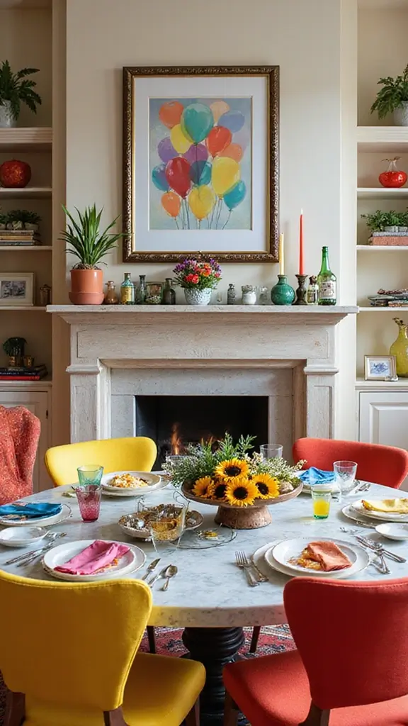 46 Dining Room with Fireplace Ideas That Add Warmth - 21. Colorful Accents