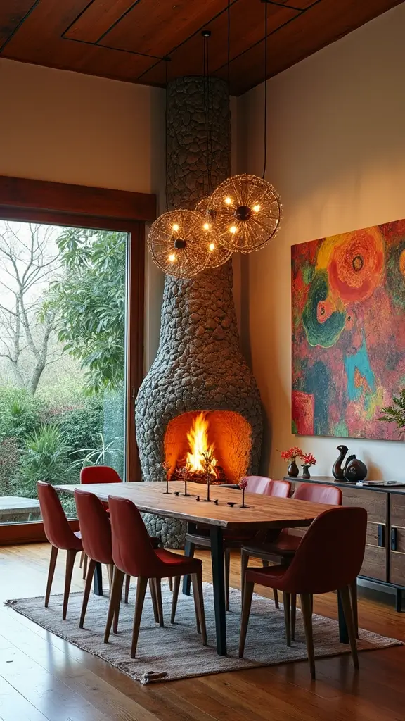 46 Dining Room with Fireplace Ideas That Add Warmth - 23. Artistic Expression