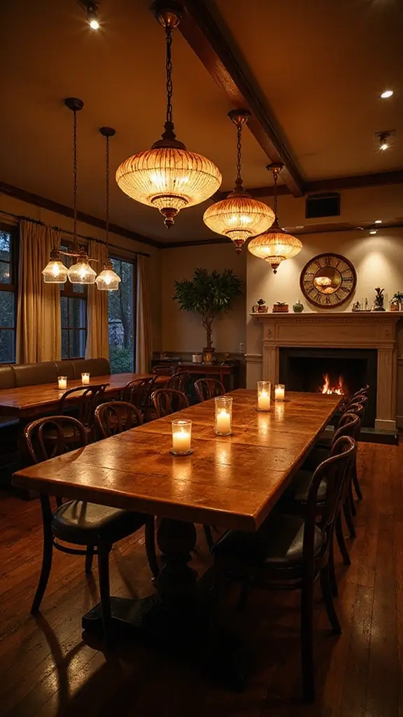 46 Dining Room with Fireplace Ideas That Add Warmth - 27. Warm Lighting Solutions