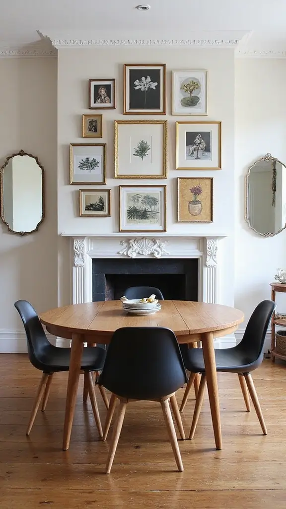 46 Dining Room with Fireplace Ideas That Add Warmth - 32. Creative Gallery Wall