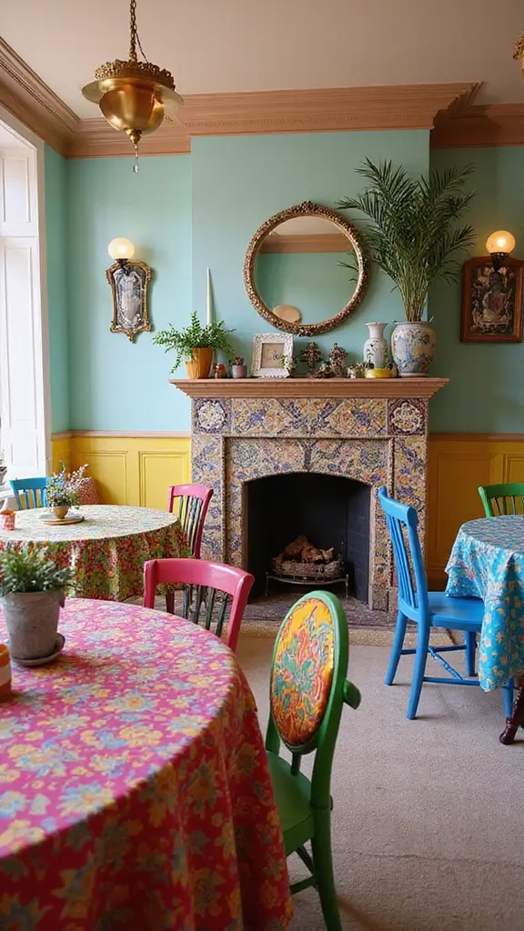 46 Dining Room with Fireplace Ideas That Add Warmth - 43. Playful Patterns