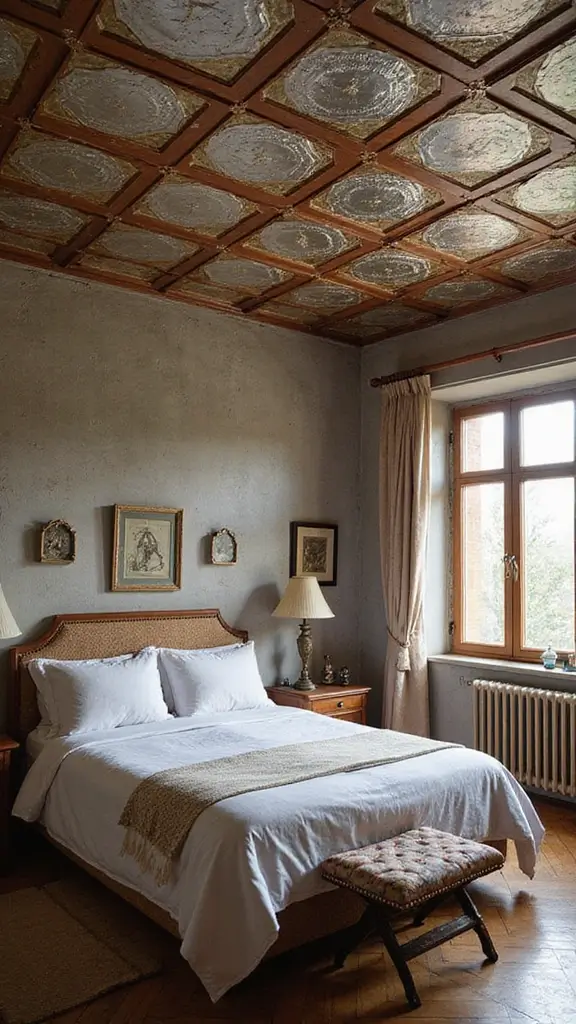 46 False Ceiling for Bedroom Designs That Make a Statement - 21. Vintage Tin Tiles