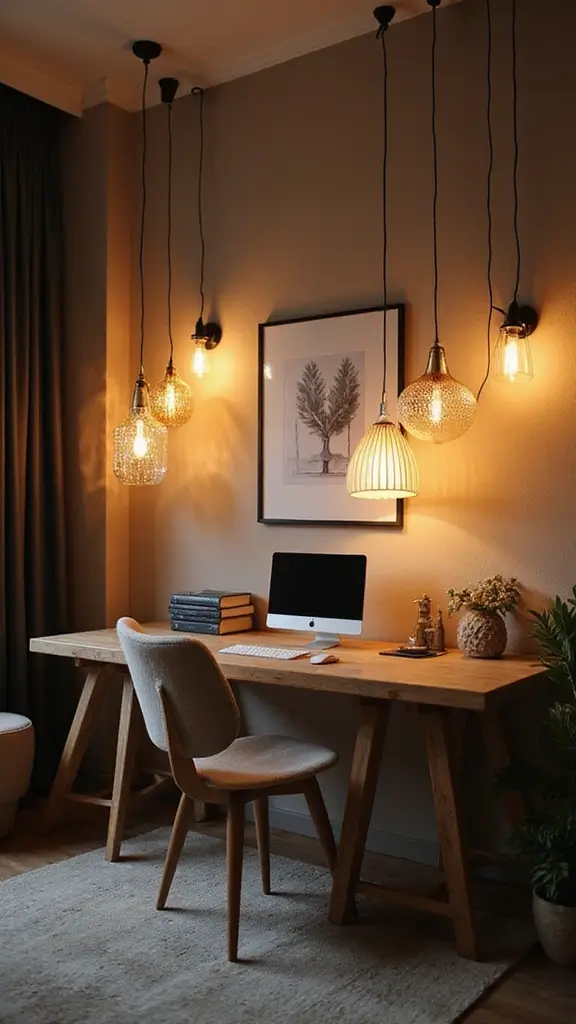 46 Home Office Decor Ideas That Inspire Focus - 27. Creative Lighting Fixtures