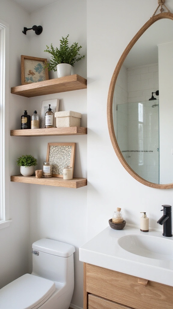 46 Small Bathroom Remodel Ideas That Save Big on Space - 2. Wall-Mounted Shelves