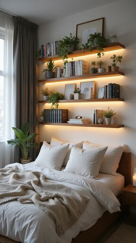 46 Small Bedroom Layout Ideas 10x10 That Save Space Beautifully - 2. Wall-Mounted Shelves for a Stylish Display