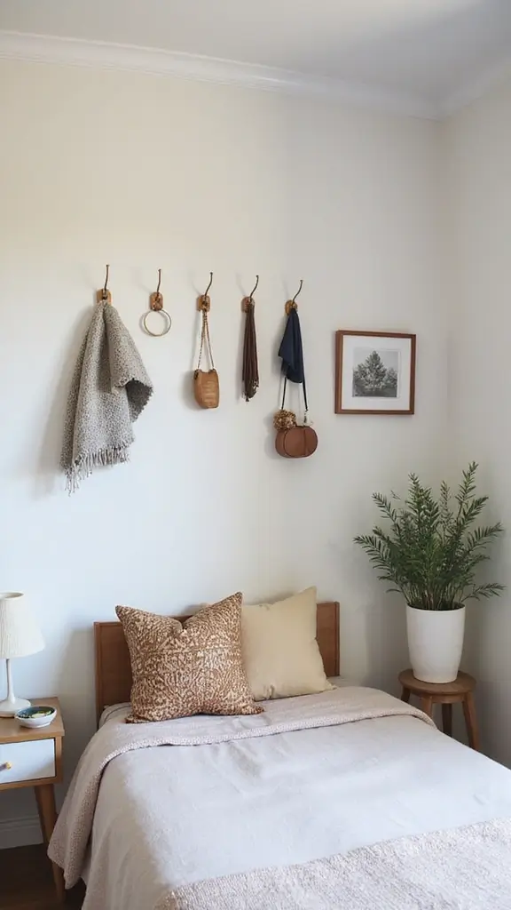 46 Small Bedroom Layout Ideas 10x10 That Save Space Beautifully - 29. Wall Hooks for Accessories