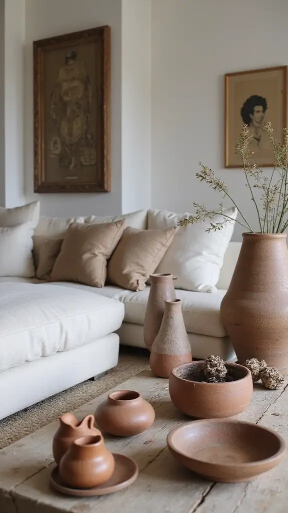 47 Cozy & Stylish Sustainable Home Decor Ideas for Your Living Room - 14. Handcrafted Pottery
