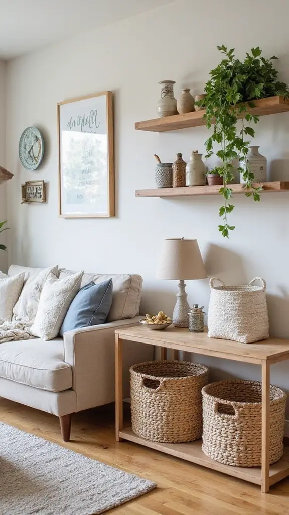 47 Cozy & Stylish Sustainable Home Decor Ideas for Your Living Room - 19. Creative Storage Solutions