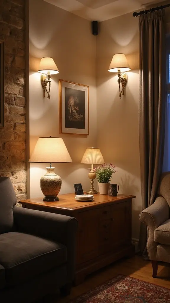 47 Cozy & Stylish Sustainable Home Decor Ideas for Your Living Room - 20. Layered Lighting
