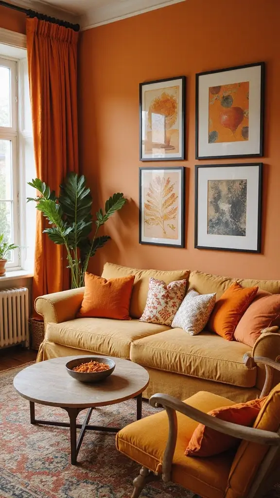 47 Cozy & Stylish Sustainable Home Decor Ideas for Your Living Room - 46. Warm Color Accents