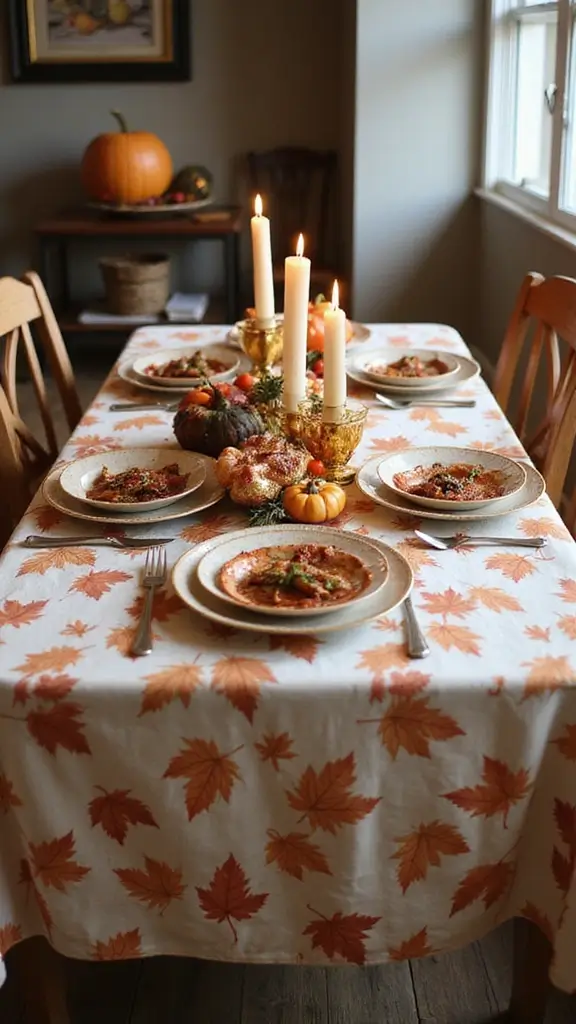 47 Fall Decor Ideas for the Home DIY Projects You’ll Love - 18. Leaf Print Tablecloth
