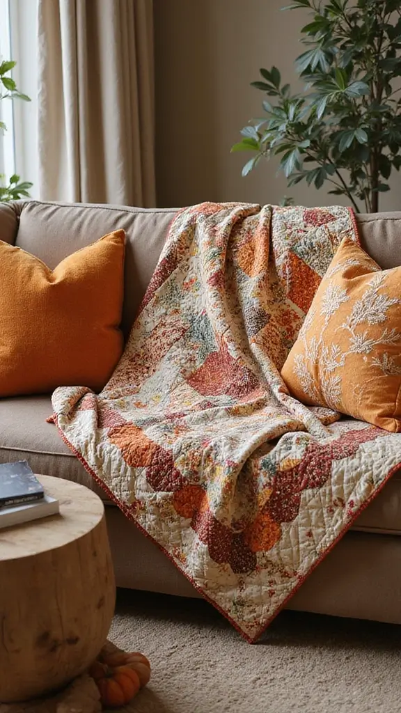 47 Fall Decor Ideas for the Home DIY Projects You’ll Love - 21. Fall-Themed Quilt or Throw Pillows