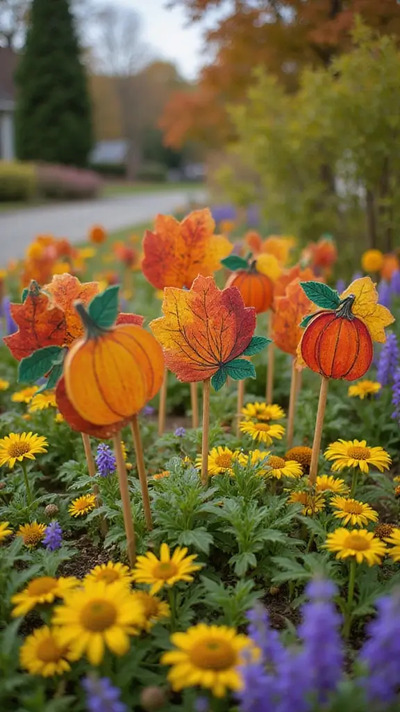 47 Fall Decor Ideas for the Home DIY Projects You’ll Love - 37. Fall-Themed Garden Stakes