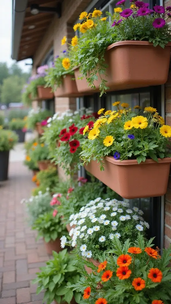 47 Flower Garden Ideas in Front of House for Stunning Curb Appeal - 1. Vertical Planters with Cascading Flowers