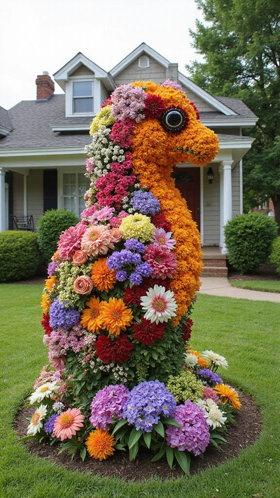 47 Flower Garden Ideas in Front of House for Stunning Curb Appeal - 32. Seasonal Flower Sculptures