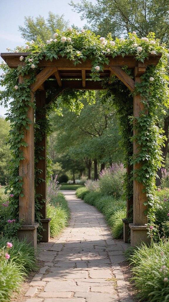 47 Flower Garden Ideas in Front of House for Stunning Curb Appeal - 45. Charming Rustic Flower Arbors