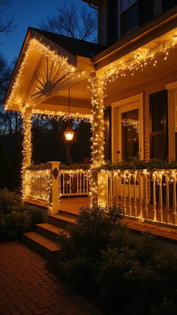 47 Front Porch Christmas Decor Ideas That Welcome Guests - 11. Festive String Lights