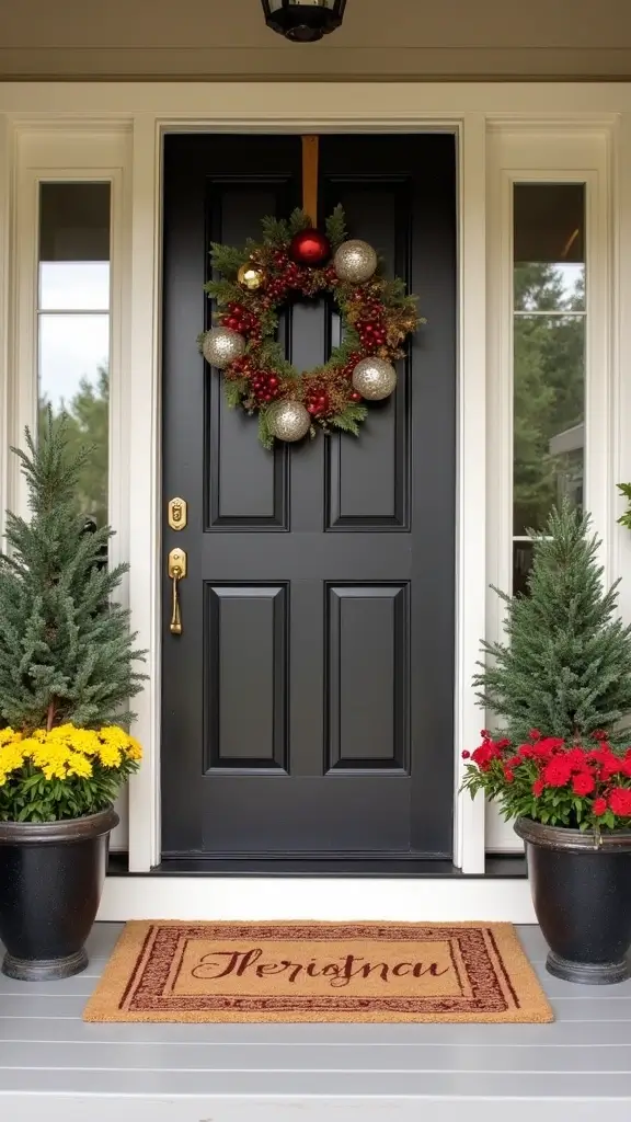 47 Front Porch Christmas Decor Ideas That Welcome Guests - 13. Seasonal Door Mats