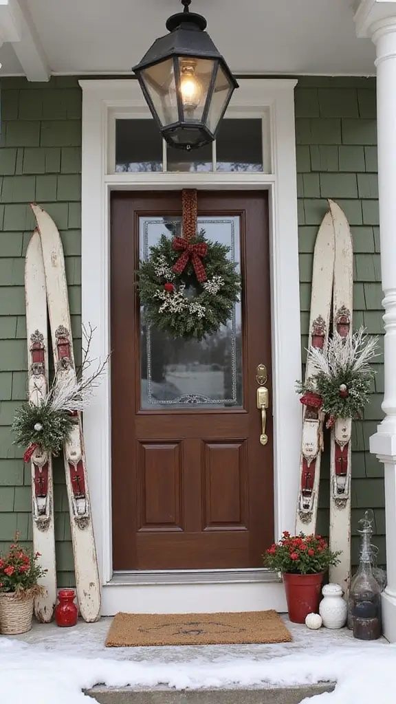 47 Front Porch Christmas Decor Ideas That Welcome Guests - 14. Vintage Skis as Decor