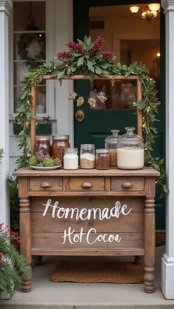47 Front Porch Christmas Decor Ideas That Welcome Guests - 16. Homemade Hot Cocoa Stand