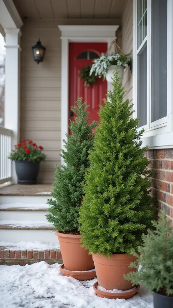 47 Front Porch Christmas Decor Ideas That Welcome Guests - 17. Colorful Potted Evergreens