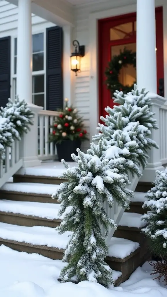 47 Front Porch Christmas Decor Ideas That Welcome Guests - 18. Snowy Garland