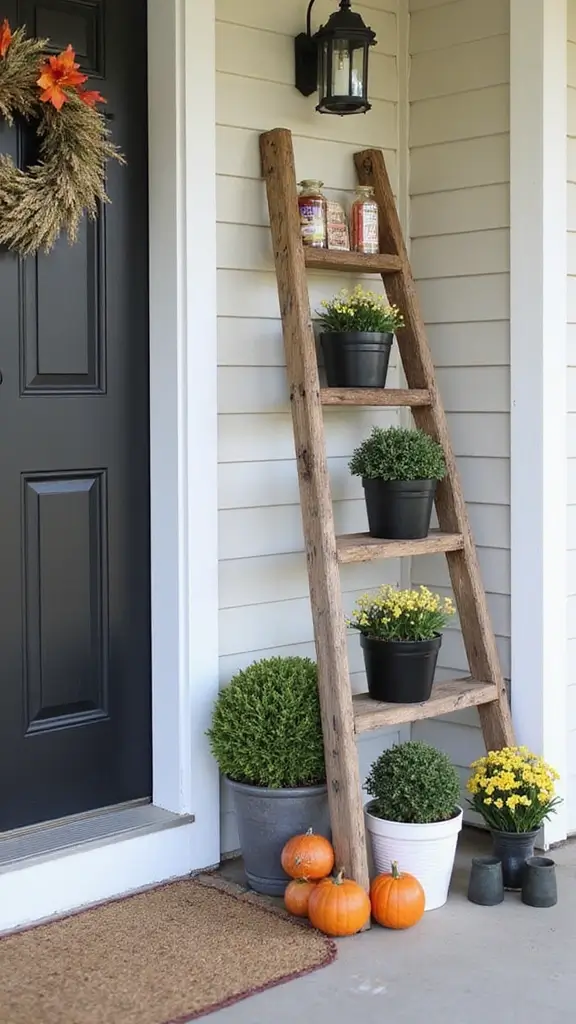 47 Front Porch Christmas Decor Ideas That Welcome Guests - 19. Rustic Ladder Display
