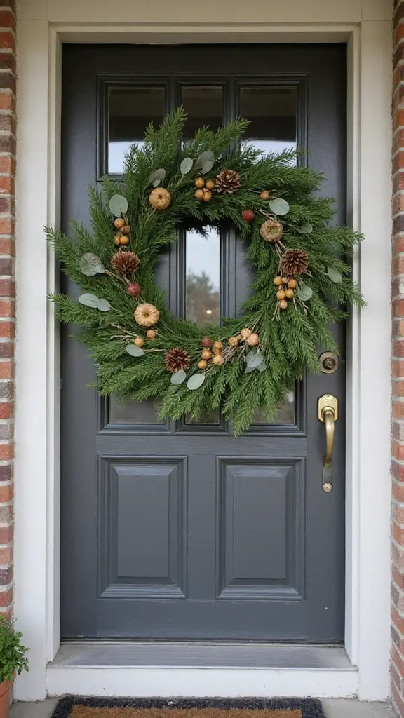 47 Front Porch Christmas Decor Ideas That Welcome Guests - 2. Natural Greenery Wreaths