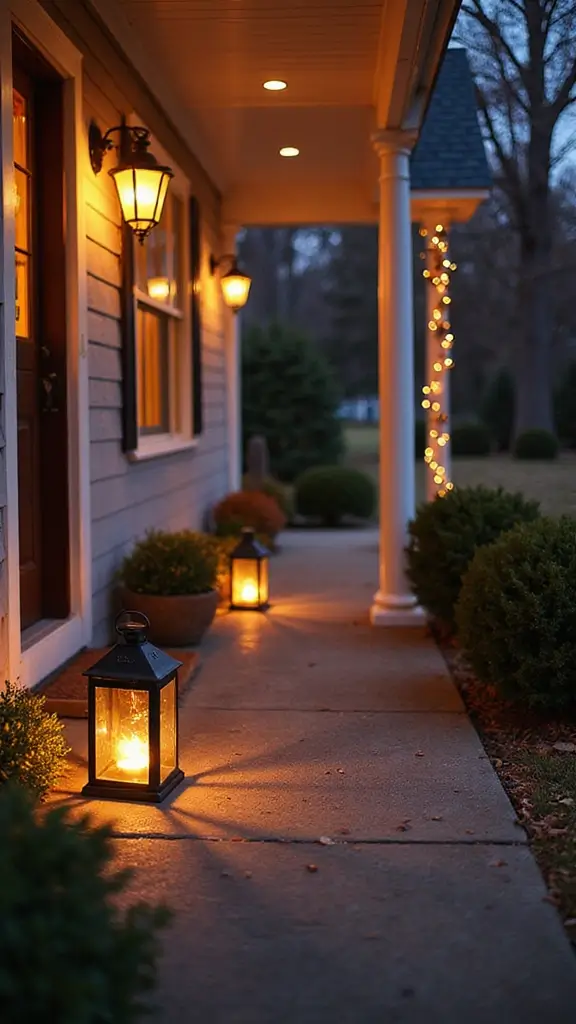 47 Front Porch Christmas Decor Ideas That Welcome Guests - 25. Warm Lighting with Solar Lanterns