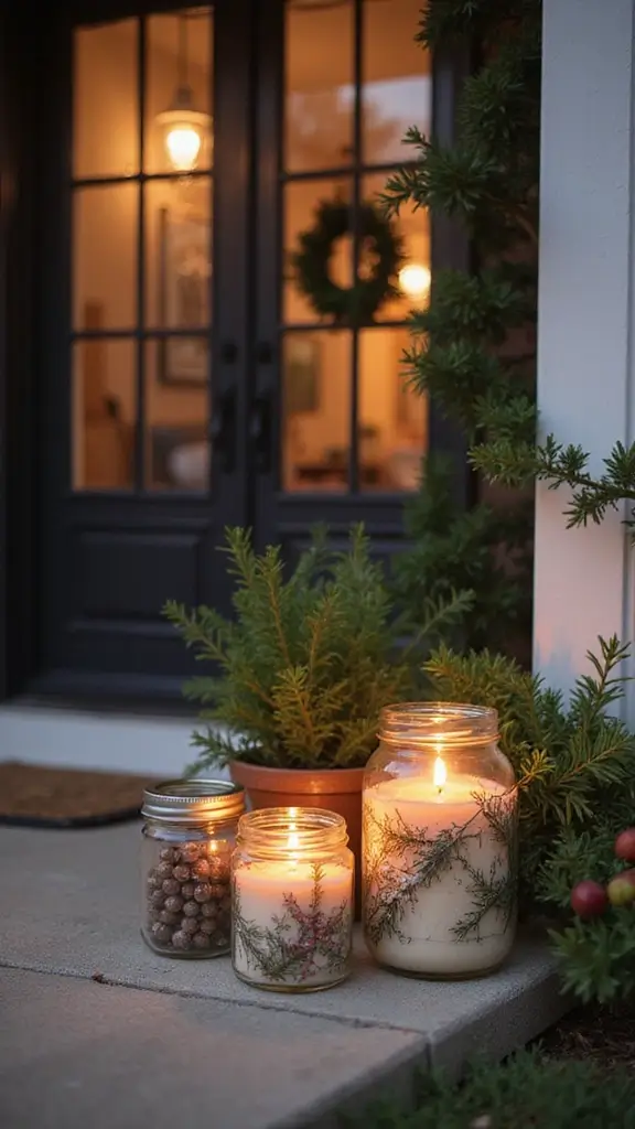 47 Front Porch Christmas Decor Ideas That Welcome Guests - 27. Handmade Holiday Candles