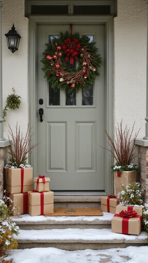 47 Front Porch Christmas Decor Ideas That Welcome Guests - 29. Eco-Friendly Gift Wrapping Station