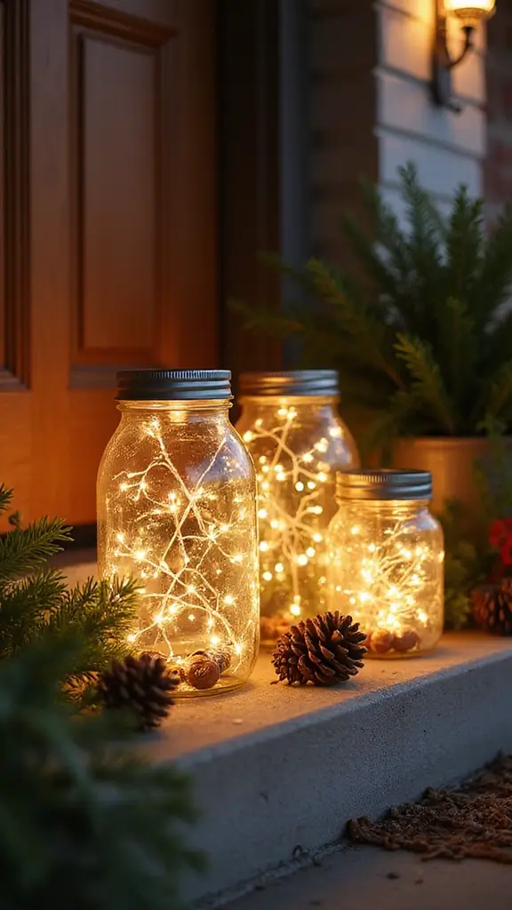 47 Front Porch Christmas Decor Ideas That Welcome Guests - 3. Upcycled Jar Lanterns