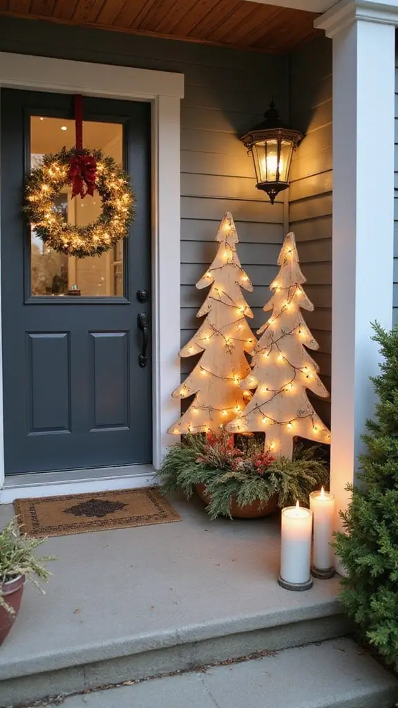 47 Front Porch Christmas Decor Ideas That Welcome Guests - 32. Upcycled Christmas Tree Outlines