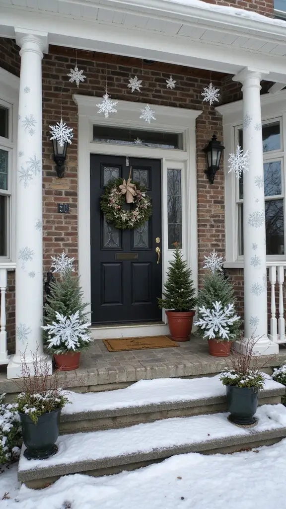 47 Front Porch Christmas Decor Ideas That Welcome Guests - 34. Hand-painted Snowflakes