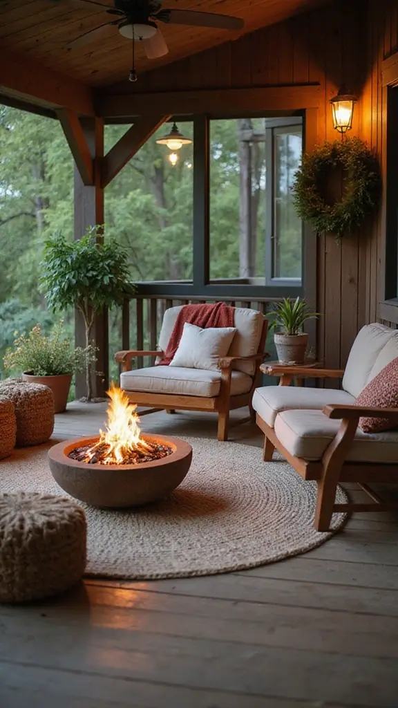 47 Front Porch Christmas Decor Ideas That Welcome Guests - 35. Cozy Firepit Area